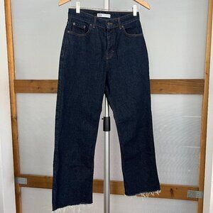 Zara High Rise Button Fly Straight Cropped Raw Hem Denim Jeans Dark Wash Sz 4‎